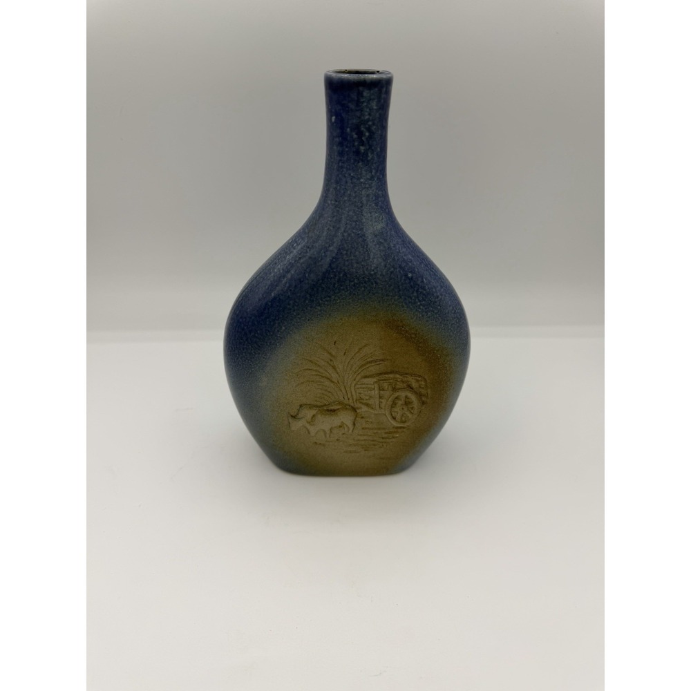 Vintage European Pottery Vase Blue Brown Glaze Ox Cart Arts Crafts